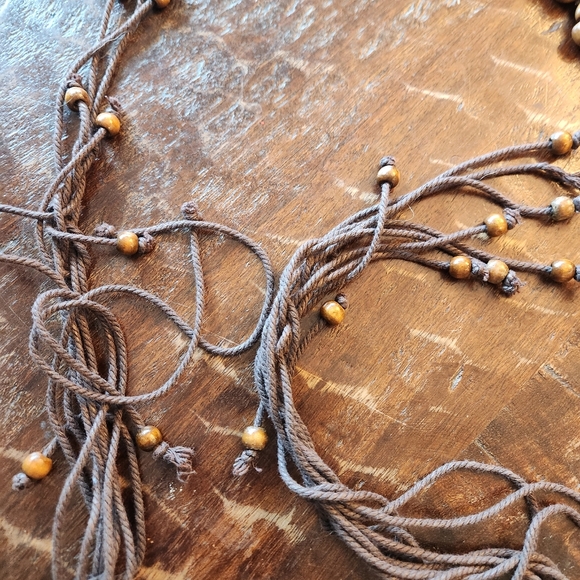 Vintage 70s Macramé Belt Wooden Beads and Tigers Eye Agate 69" BOHO Retro Hippie - Picture 5 of 13